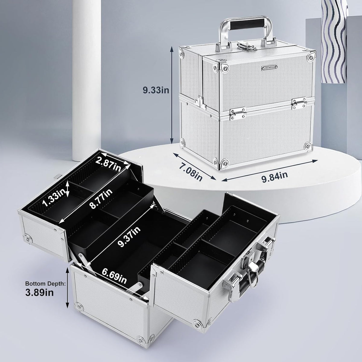 FRENESSA Makeup Train Case Makeup Organizer Box Portable Cosmetic Travel Case with Lock 4 Trays Aluminum Hard Vanity Box Make Up Artist Nail Beauty Storage Organizer Cosmetic Suitcase Bright Silver