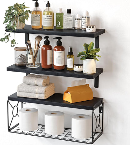 Amada Bathroom Shelves with Storage Basket, Set of 3, Natural Wood
