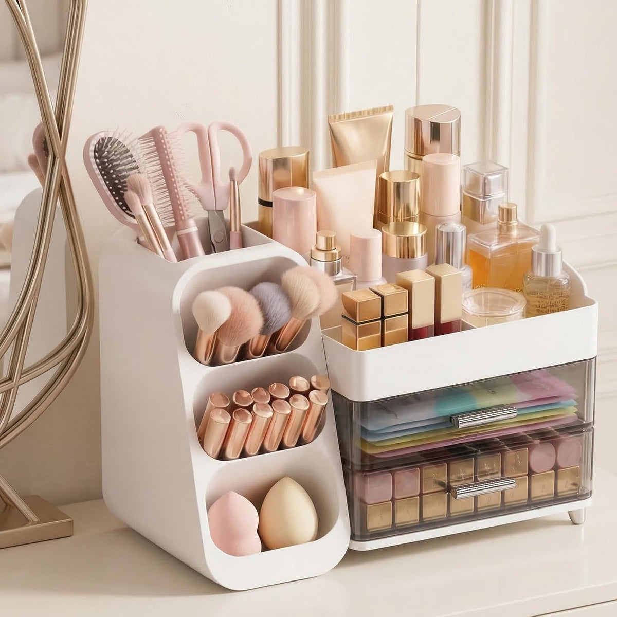 Large Capacity Makeup Organizer Countertop with Makeup Brush Holder for Vanity, Thickened Material, Bathroom Countertop Organizer Skin Care Perfumes Storage, Teen Girl Gifts for 12-23 Year（white）