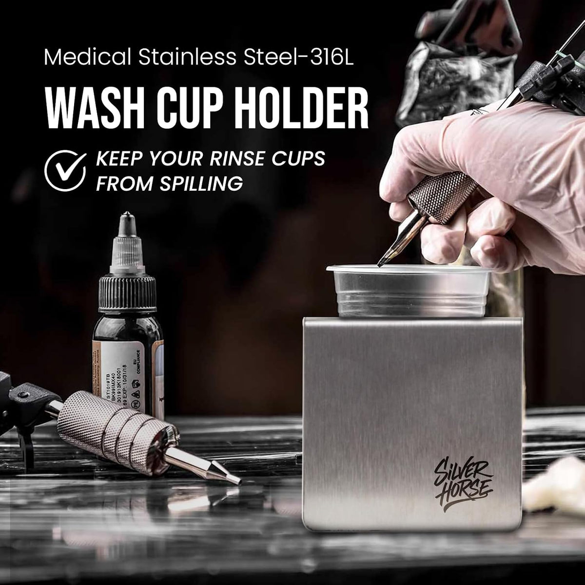 Tattoo Rinse Cup Holder Stand - Heavy Tattoo Water Cup Stand, Anti-Spill Tattoo Cup Holder, Medical Stainless Steel Professional Tattoo Supplies Accessories for Tattoo Artists (ONE CUP STAND)