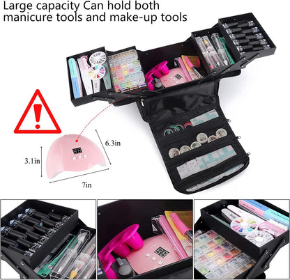 Large Makeup Carrying Train Case for Women, 4 Tier Travel Bag Box, Black