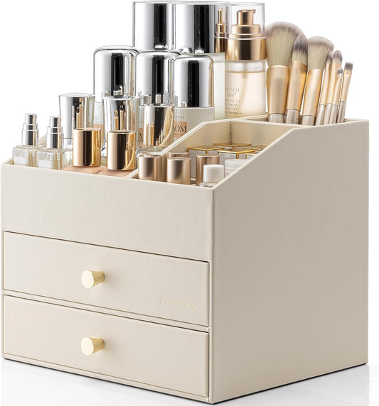 VLANDO 3-Layer Makeup Organizer with 2 Large Drawers for Vanity,Beige