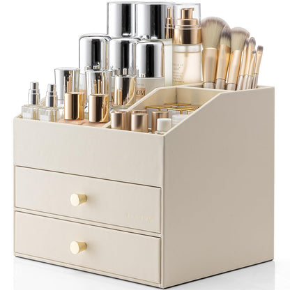 VLANDO 3-Layer Makeup Organizer with 2 Large Drawers for Vanity,Beige