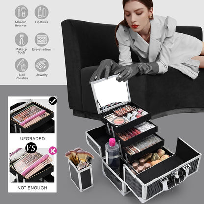 Joligrace 3-Tray Makeup Case with Mirror & Brush Holder, 11.6" Shine Black