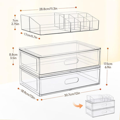 Clear Stackable Makeup Organizer with Drawer, 12''W Acrylic Storage Drawers
