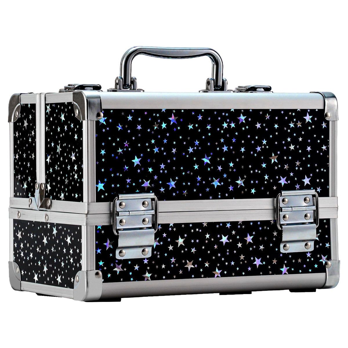 Leeora&Leekoo Makeup Train Case Cosmetic Box Portable Makeup Case Organizer 2 Trays Makeup Storage for Cosmetologist Aesthetic Supplies Nail Tech Traveling Makeup Box (Flashing Star)