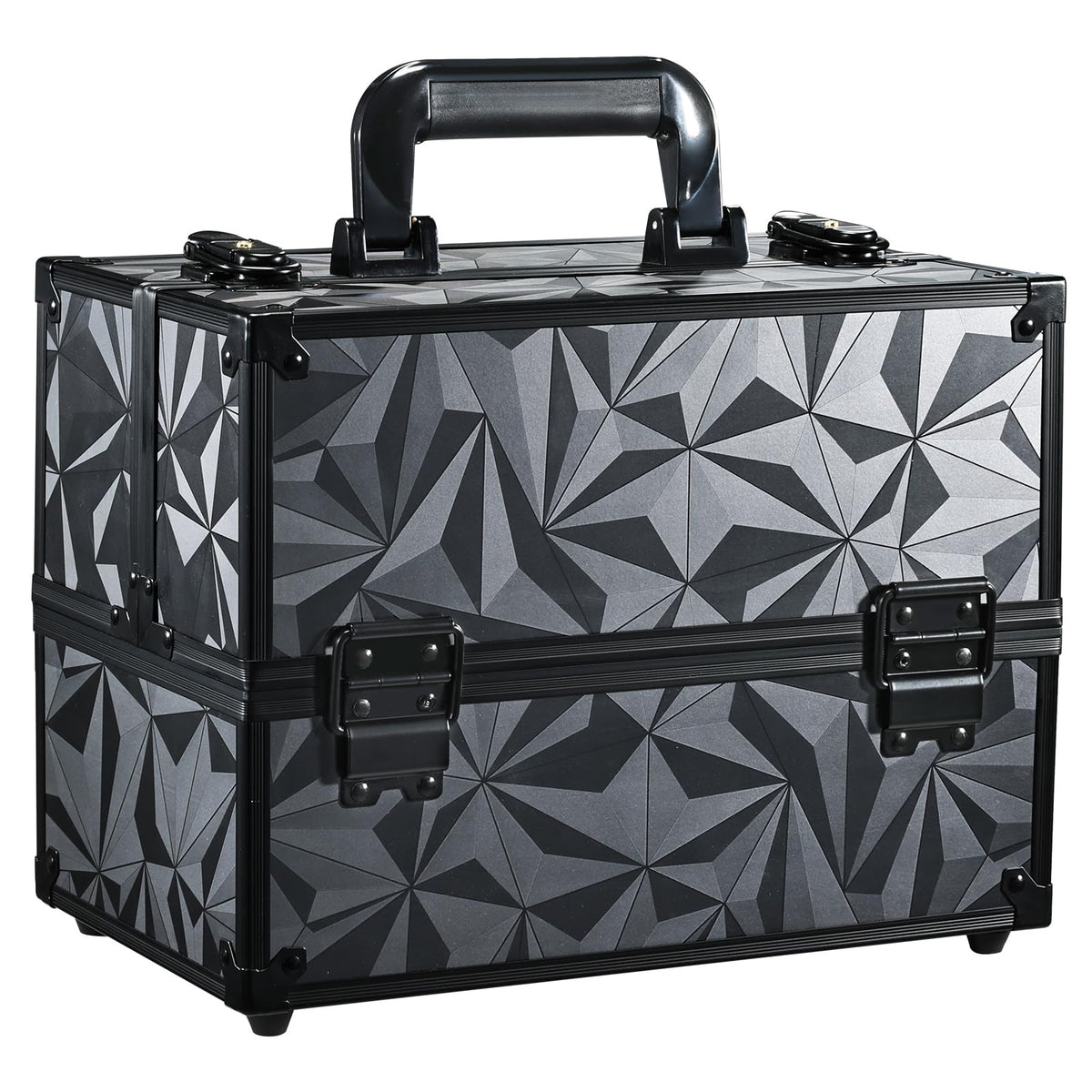 FRENESSA Makeup Train Case Makeup Case 11.8 Inch Large Cosmetic Box Organizer Travel Storage Professional Make Up Train Carrying Case with 6 Trays Locking Hard Vanity Storage Black