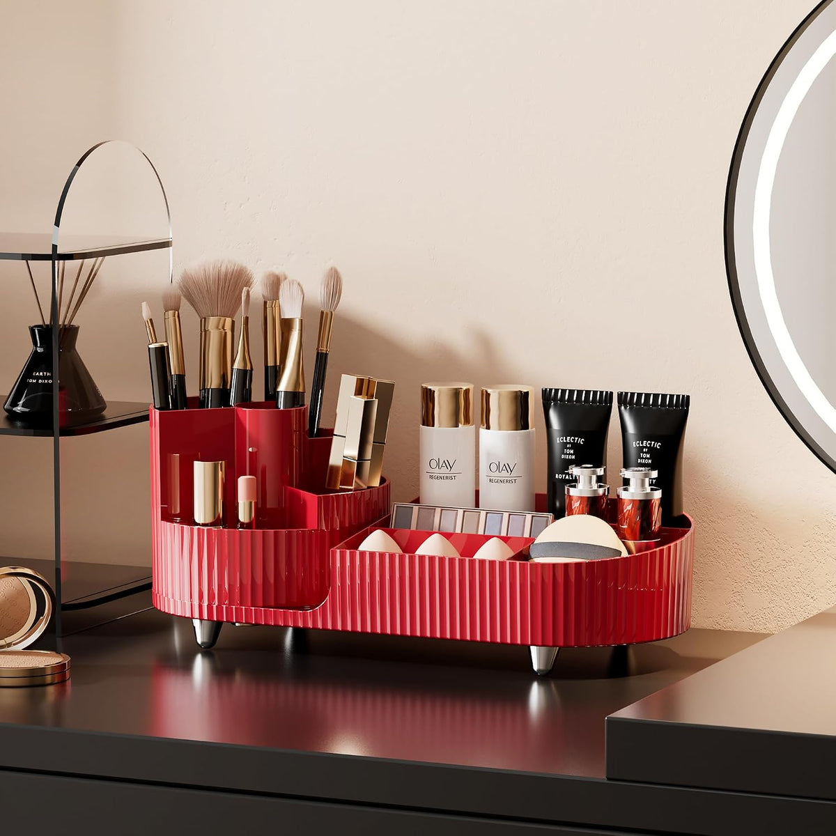 Rotating Makeup Organizer for Vanity with Brush Holder, Cosmetic Makeup Storage Organizer, Large Spinning Makeup Skincare Organizer, Countertop Makeup Perfume Organizer, Lotions Display Case Red