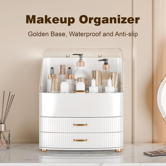 Makeup Organizer Countertop Vanity with Transparent Lid Drawers Waterproof Dustproof Cosmetic Skincare Bathroom Storage Gift for Women Teens Girls (White)