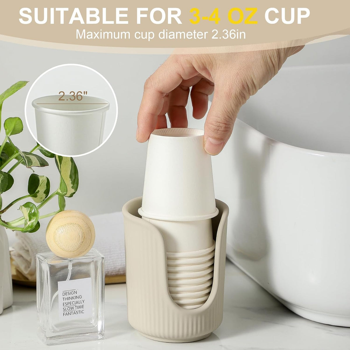 Dobbyby Ceramic Bathroom Cup Dispenser with Stylish Vertical Stripes - Disposable Mouthwash Cup Holder Holds 3-4oz Paper Cups for Rinsing Cups on Bathroom Vanity Countertops (Matte Beige)