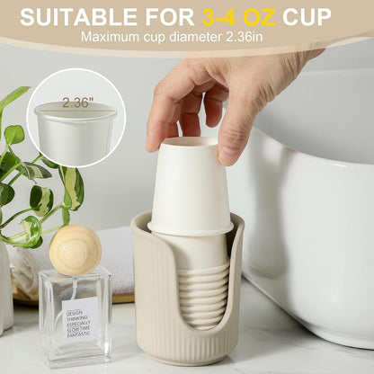Dobbyby Ceramic Bathroom Cup Dispenser with Stylish Vertical Stripes - Disposable Mouthwash Cup Holder Holds 3-4oz Paper Cups for Rinsing Cups on Bathroom Vanity Countertops (Matte Beige)