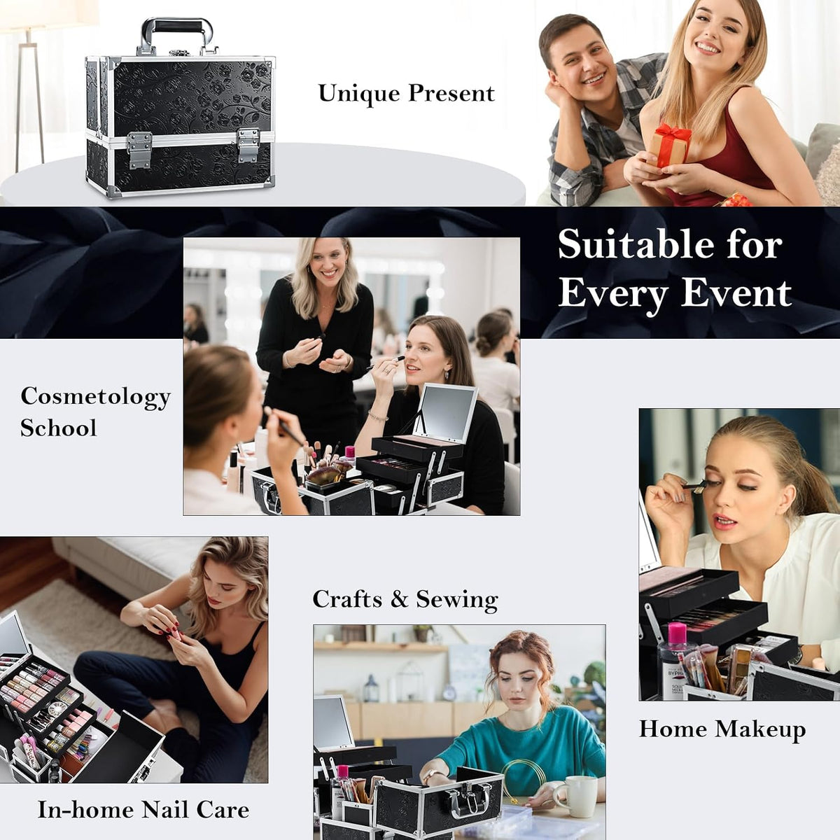 FRENESSA Makeup Train Case Makeup Box 11.8 Inch Large Makeup Case Organizer 3 Trays with Mirror Locking Cosmetic Storage Box for Cosmetics Nail Supplies Sewing Travel Case Black Floral
