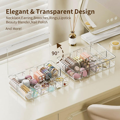 Clear Acrylic Makeup Organizer with Cover - 12 Compartments Cosmetic and Jewelry Organizer for Vanity and Desk Storage
