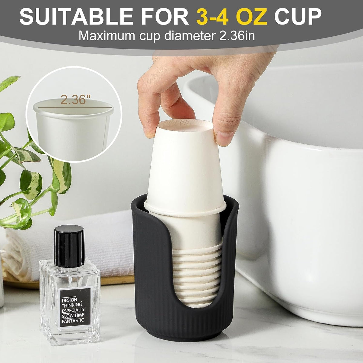 Dobbyby Ceramic Bathroom Cup Dispenser with Stylish Vertical Stripes - Disposable Mouthwash Cup Holder Holds 3-4oz Paper Cups for Rinsing Cups on Bathroom Vanity Countertops (Matte Black)