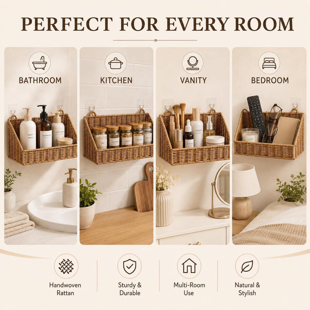 Handwoven Rattan Wall Baskets for Organizing, Rustproof Bathroom Floating Shelves, Farmhouse Plastic Wicker Hanging Basket for Kitchen Counter Vanity Storage (light brown, Small)