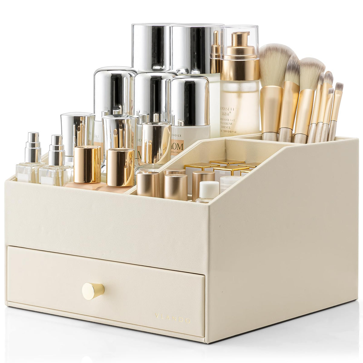 VLANDO 3-Layer Makeup Organizer with 2 Large Drawers for Vanity,Beige