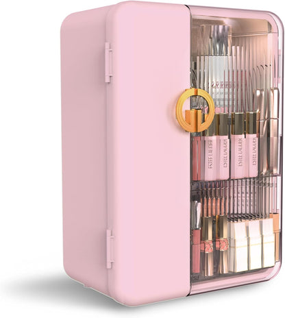 UAK Makeup Organizer with Drawers for Vanity, Cosmetic Display Case with Brush Holders, Storage for Skincare Countertop Bathroom (Pink)