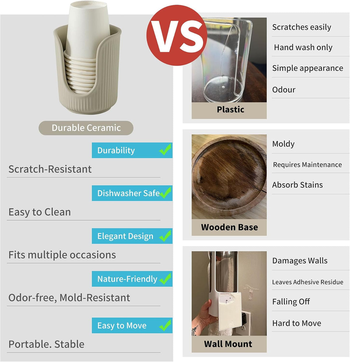 Dobbyby Ceramic Bathroom Cup Dispenser with Stylish Vertical Stripes - Disposable Mouthwash Cup Holder Holds 3-4oz Paper Cups for Rinsing Cups on Bathroom Vanity Countertops (Matte Beige)