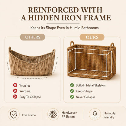 Handwoven Rattan Wall Baskets for Organizing, Rustproof Bathroom Floating Shelves, Farmhouse Plastic Wicker Hanging Basket for Kitchen Counter Vanity Storage (light brown, Small)