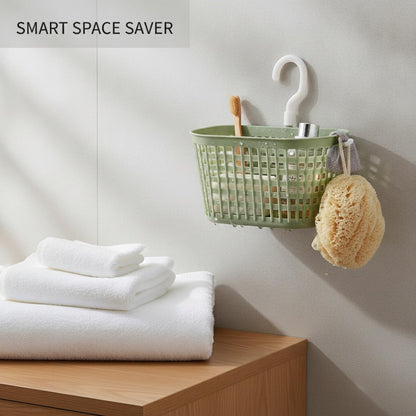 Wall-Mounted Bathroom Storage Basket with Hooks, Compact PP Plastic Shower Caddy for Toiletries and Vanity Organization (1 Pack)
