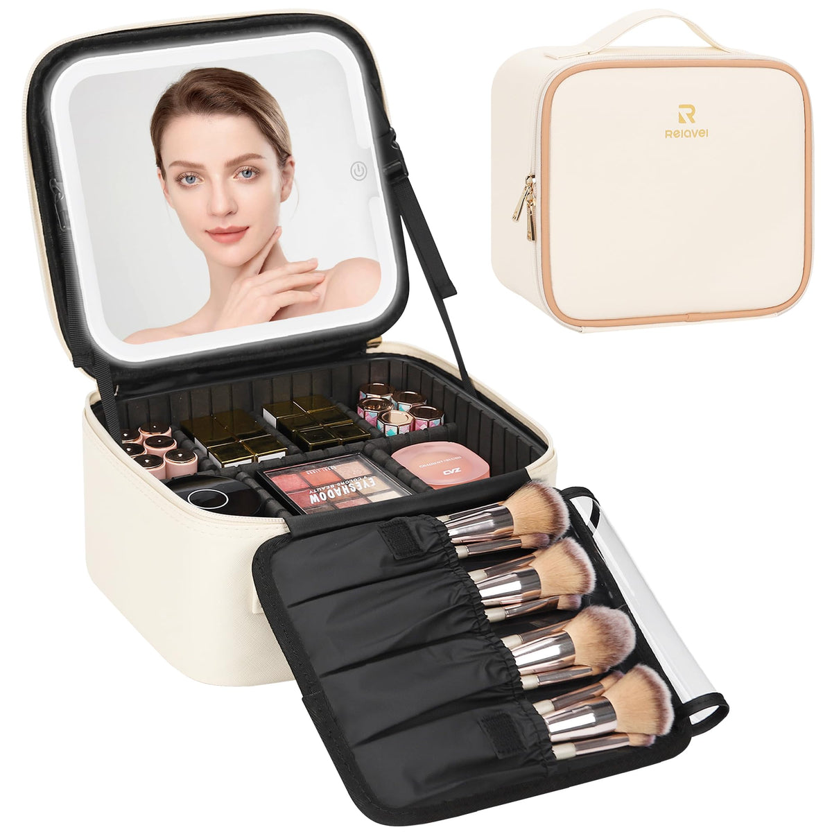 Relavel Travel Makeup Bag With LED Mirror, Cosmetic Train Case with Light up Mirror, Portable Makeup Artist Organizer Bag with Adjustable Dividers, Makeup Brush Holder Storage, Black