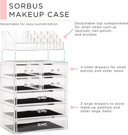 Sorbus Makeup Organizer, 7-Drawer Acrylic 2-Piece Set (Clear)