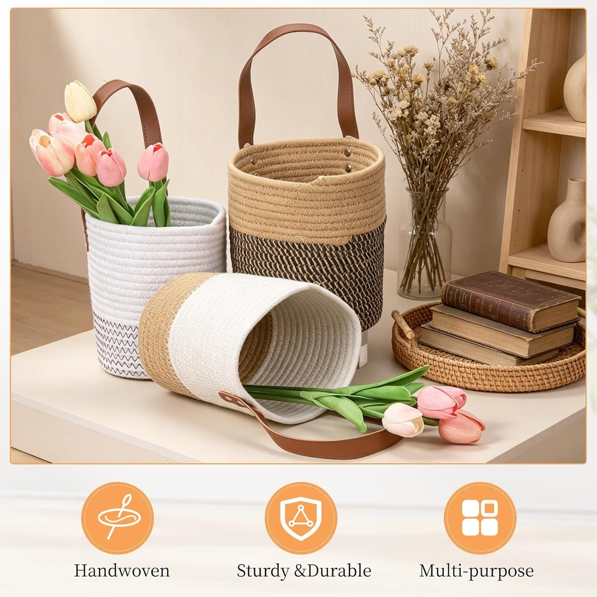 uxcell Small Wall Hanging Basket, Cotton Rope Hanging Basket