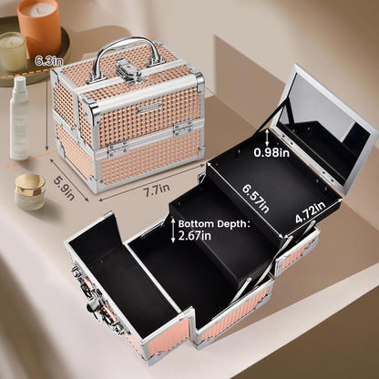 FRENESSA Makeup Case Train Case Portable Makeup Box with Mirror Lock Box Travel Cosmetic Train Cases Hard Makeup Organizer for Nail Craft Storage Vanity for Girl Rose Gold