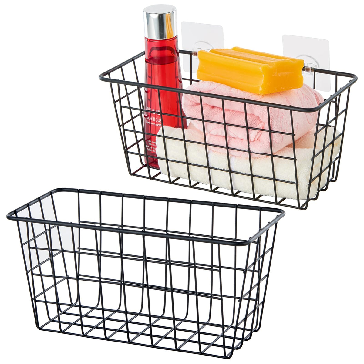 JUNCHU CHERRY 2 Pack Hanging Storage Basket, Bathroom Basket, Household Goods, with Traceless Tape, no Drilling, for Cabinet Storage, Kitchen, Bathroom, Storage Room,Black