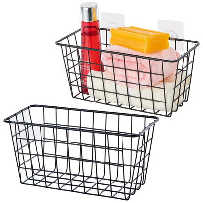 JUNCHU CHERRY 2 Pack Hanging Storage Basket, Bathroom Basket, Household Goods, with Traceless Tape, no Drilling, for Cabinet Storage, Kitchen, Bathroom, Storage Room,Black