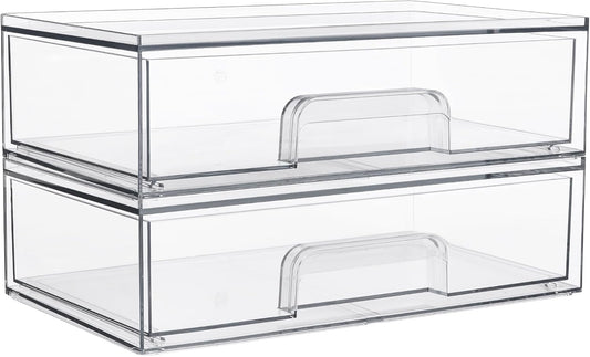 Vtopmart Clear Stackable Storage Drawers, 2 Pack Wide Plastic Organizers