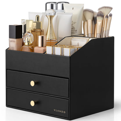 VLANDO 3-Layer Makeup Organizer with 2 Large Drawers for Vanity,Beige