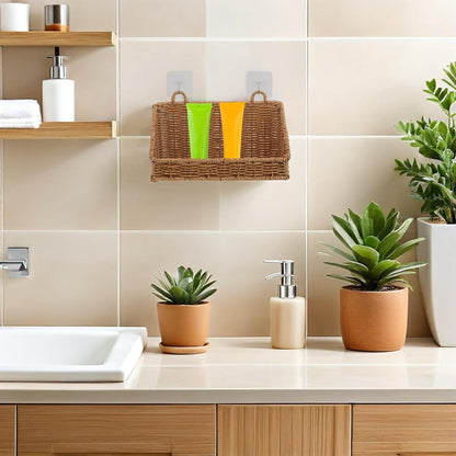 Bathroom Storage Basket Wall Mounted No Drill Plastic Rattan Organizer