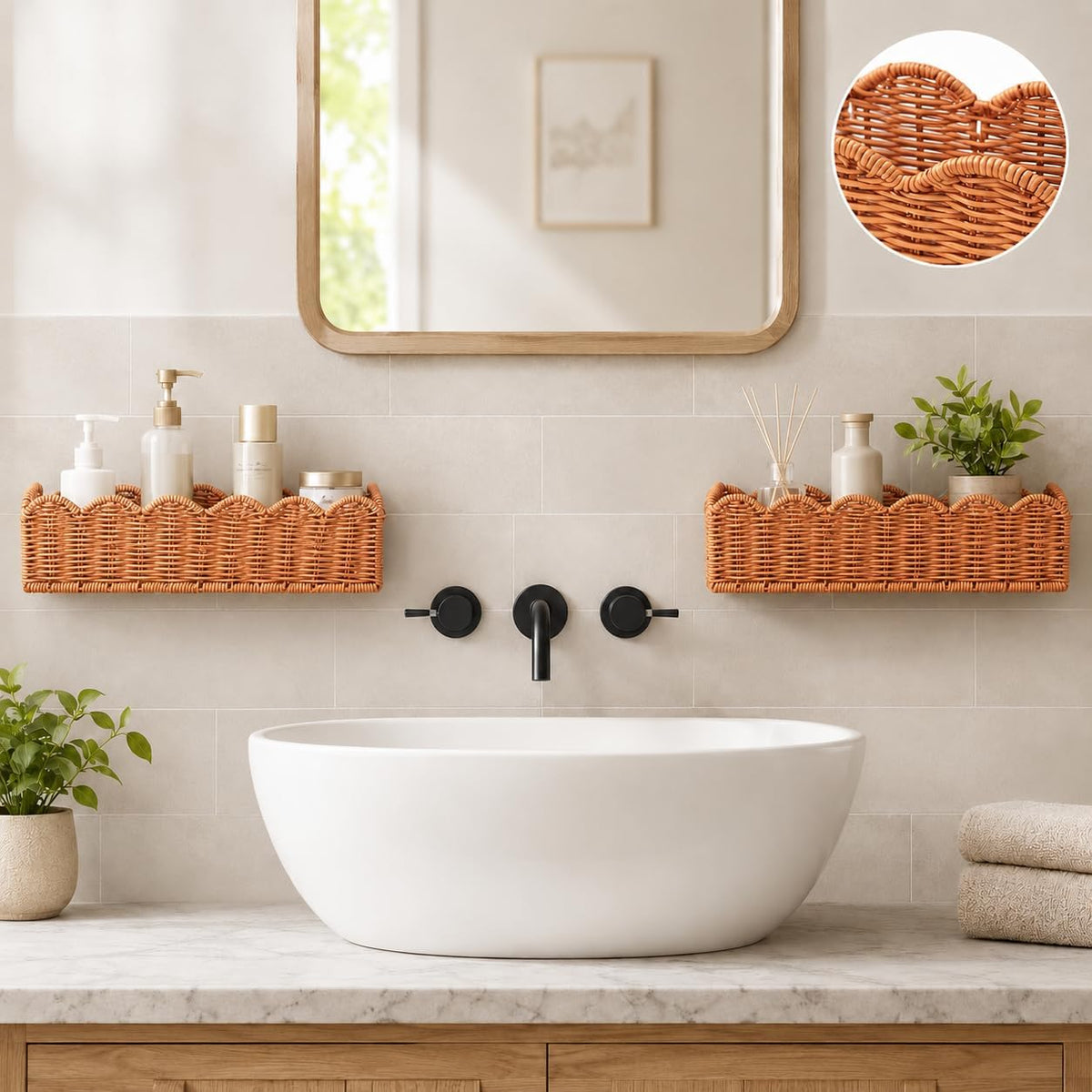 2 Pack Brown Faux Rattan Shower Caddy Baskets