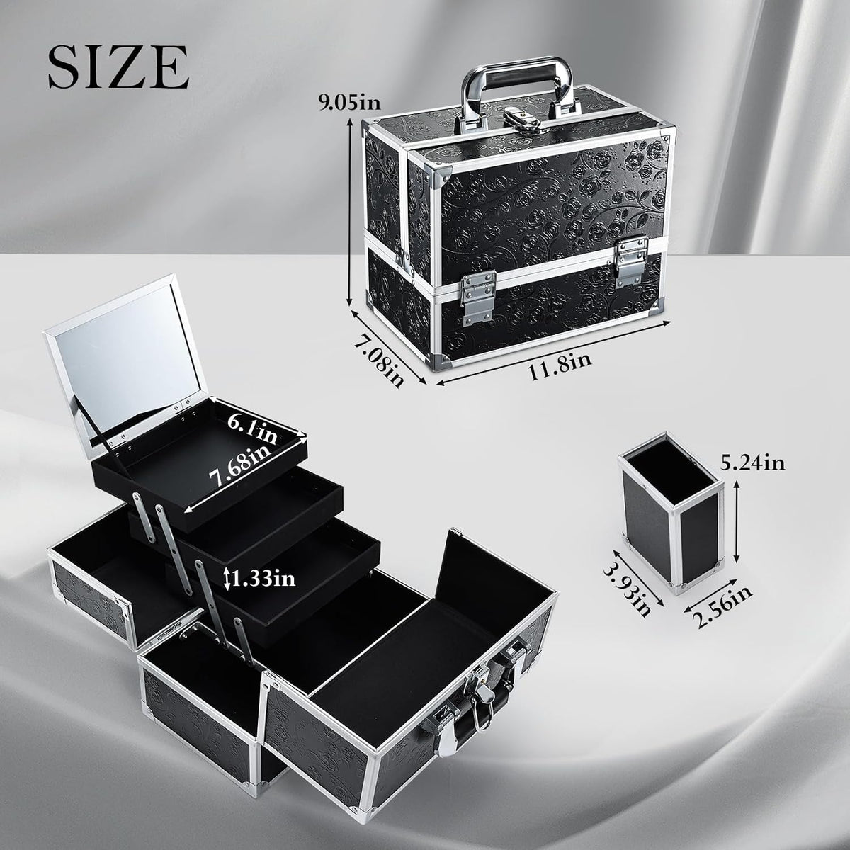FRENESSA Makeup Train Case Makeup Box 11.8 Inch Large Makeup Case Organizer 3 Trays with Mirror Locking Cosmetic Storage Box for Cosmetics Nail Supplies Sewing Travel Case Black Floral