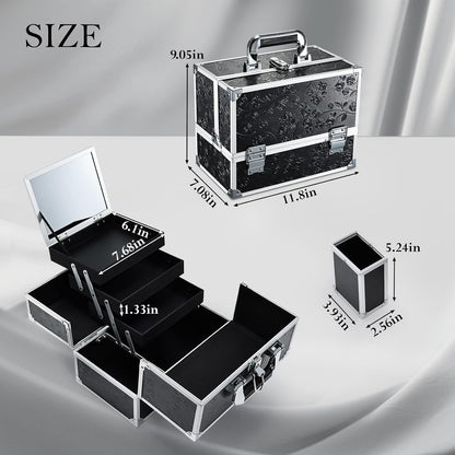 FRENESSA Makeup Train Case Makeup Box 11.8 Inch Large Makeup Case Organizer 3 Trays with Mirror Locking Cosmetic Storage Box for Cosmetics Nail Supplies Sewing Travel Case Black Floral