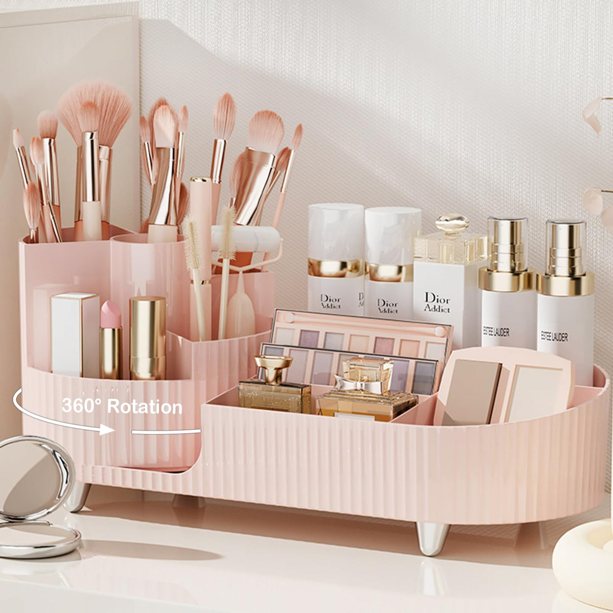 Rotating Makeup Organizer for Vanity with Brush Holder, Cosmetic Makeup Storage Organizer, Large Spinning Makeup Skincare Organizer, Countertop Makeup Perfume Organizer, Lotions Display Case Red