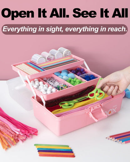 TERGOO 12in 3-Layer Plastic Craft Organizers and Storage, Portable Folding Tackle Box with Handle & Adjustable Dividers, Multipurpose Case for Sewing, Art Supplies, Medicine, Tools (Pink)
