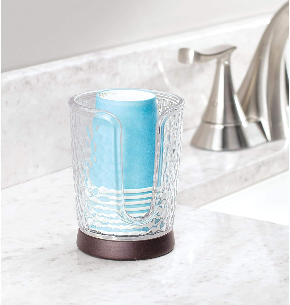 iDesign Rain Disposable Paper and Plastic Cup Dispenser Holder for Master, Guest, Kids' Bathroom Vanity and Countertops, 3.10" x 3.10" x 4", Clear and Bronze