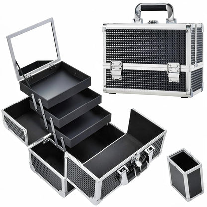 Joligrace 3-Tray Makeup Case with Mirror & Brush Holder, 11.6" Shine Black