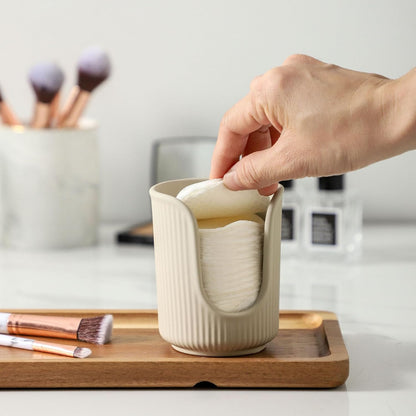 Dobbyby Ceramic Bathroom Cup Dispenser with Stylish Vertical Stripes - Disposable Mouthwash Cup Holder Holds 3-4oz Paper Cups for Rinsing Cups on Bathroom Vanity Countertops (Matte Beige)