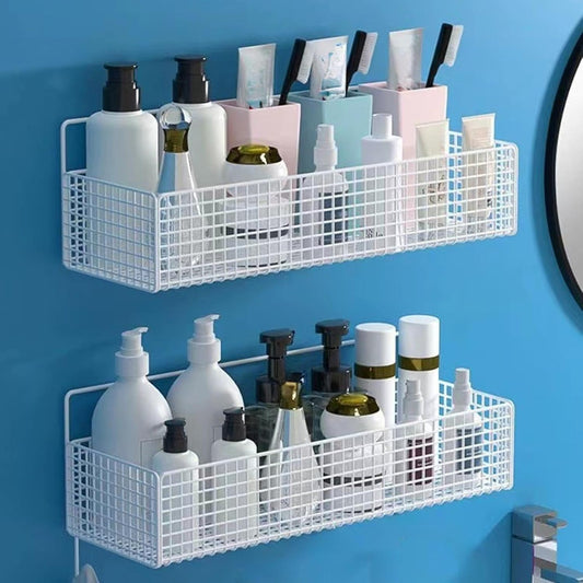 Metal Basket for Storage Sundries, Wall Basket with 2 Traceless Sticker, Kitchen Seasoning Storage Basket with Mesh Structure, Shower Toiletries Wall Mounted Basket for Bathroom, Storage Organizer