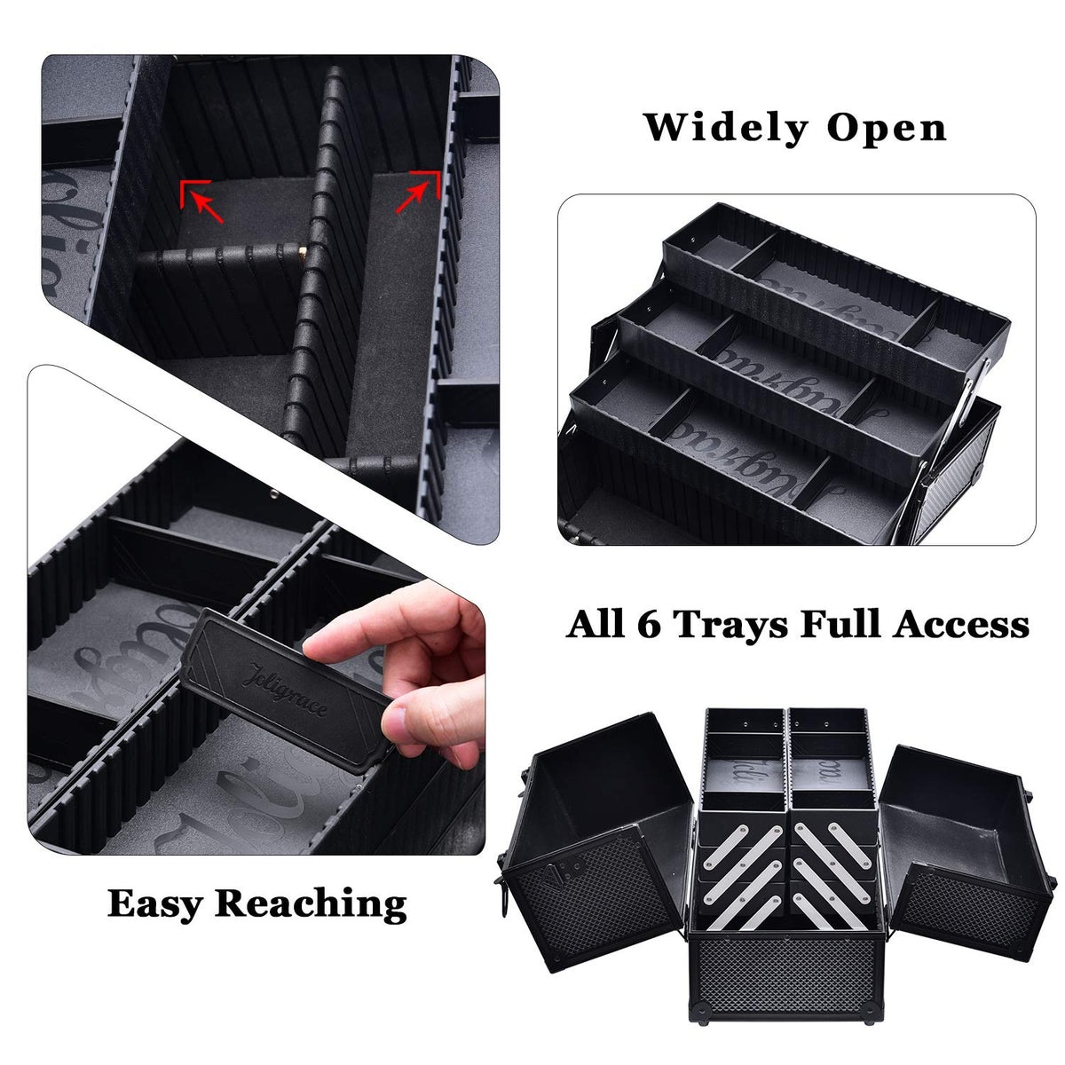 Joligrace Makeup Train Case Professional Adjustable - 6 Trays Cosmetic Cases Makeup Storage Organizer Box with Lock and Compartments 14 Inch Large Black