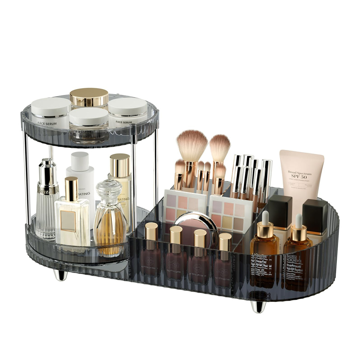 Rotating Makeup Organizer for Vanity, 2 Perfume Trays with 5 Compartments Cosmetic & Skincare Storage, Space-Saving Beauty Organizer, Multi-Purpose Countertop Organizers for Bathroom, Desktop, Pantry