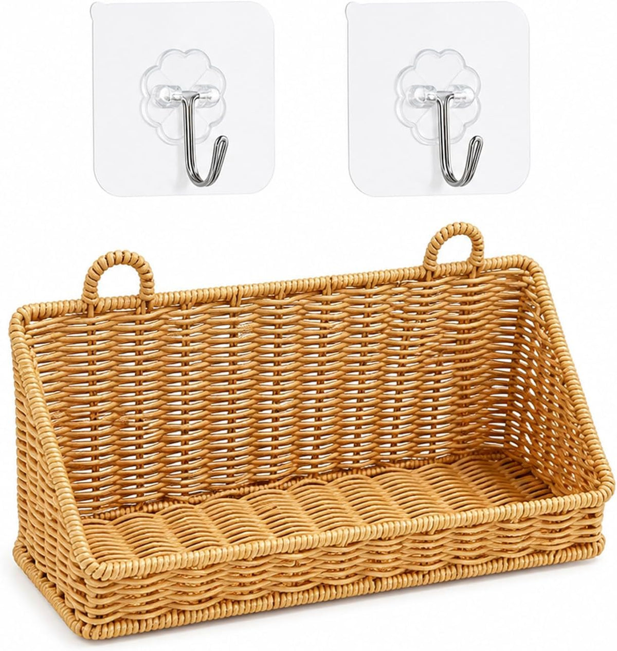 Hanging Storage Basket With Hooks, Woven Wall Basket Organizer for Bathroom, Small