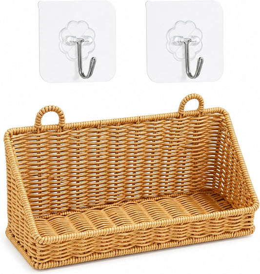Hanging Storage Basket With Hooks, Woven Wall Basket Organizer for Bathroom, Small