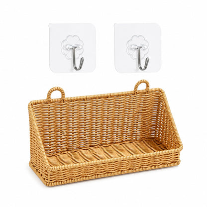 Hanging Storage Basket With Hooks, Woven Wall Basket Organizer for Bathroom, Small