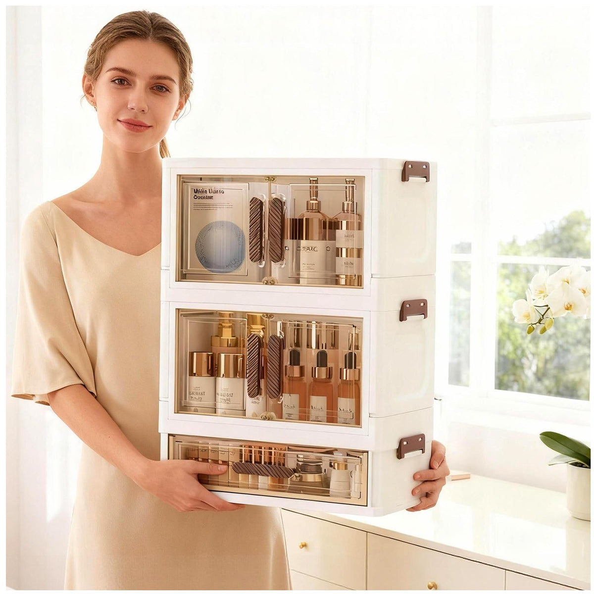 Makeup Organizer with Drawers & Compartments, Modular Stackable Cosmetic Skincare & Jewelry Storage Box, Vanity Organizer with Magnetic Closure for Bathroom, Office, Dorm