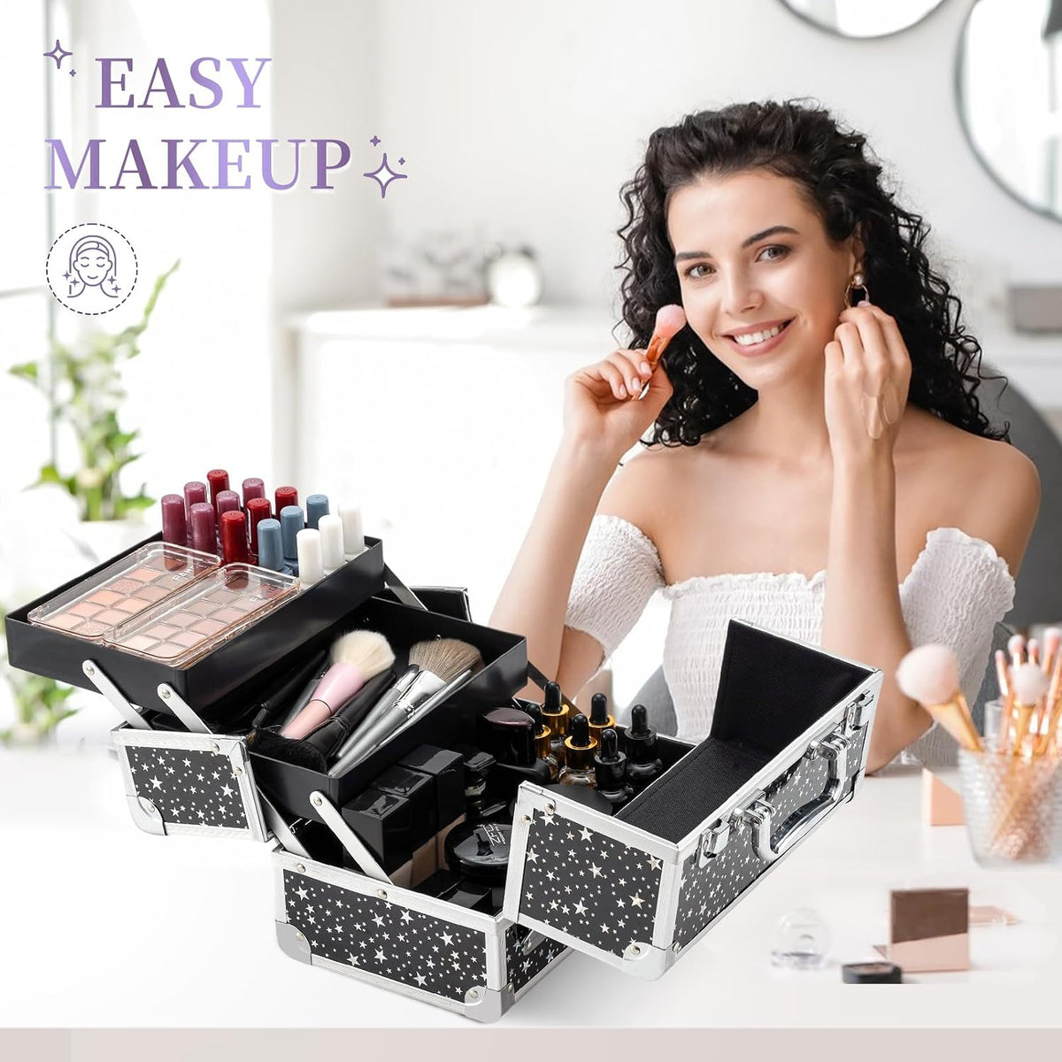 Leeora&Leekoo Makeup Train Case Cosmetic Box Portable Makeup Case Organizer 2 Trays Makeup Storage for Cosmetologist Aesthetic Supplies Nail Tech Traveling Makeup Box (Flashing Star)