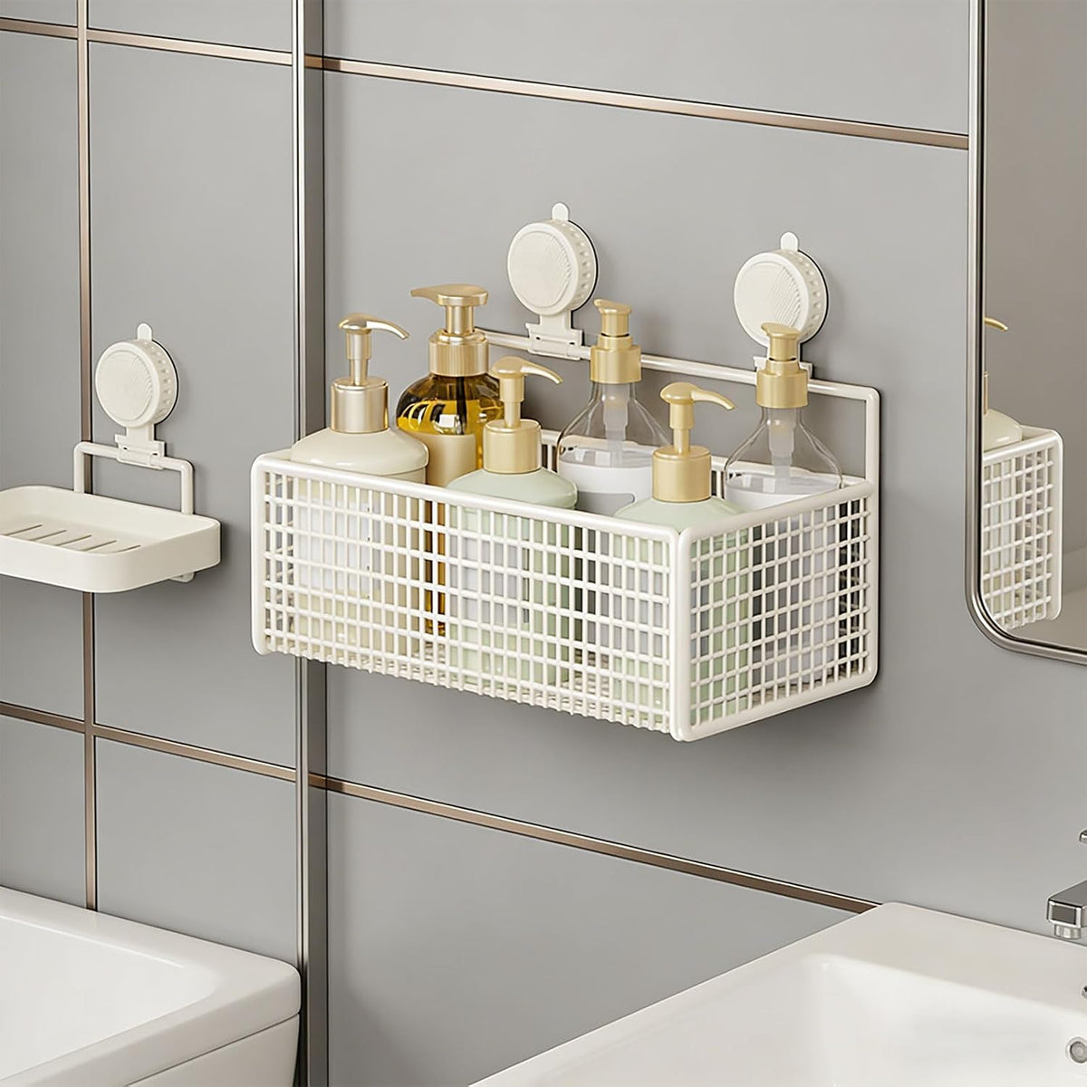 Multipurpose Wall Mounted Storage Basket for Toiletries Using Suction Technology Easy Setup Removable Bathroom Storage
